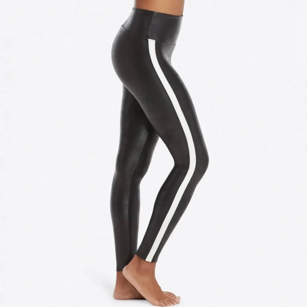 SPANX Black Faux Leather White Side Stripe Leggings Womens Size Medium Preowned